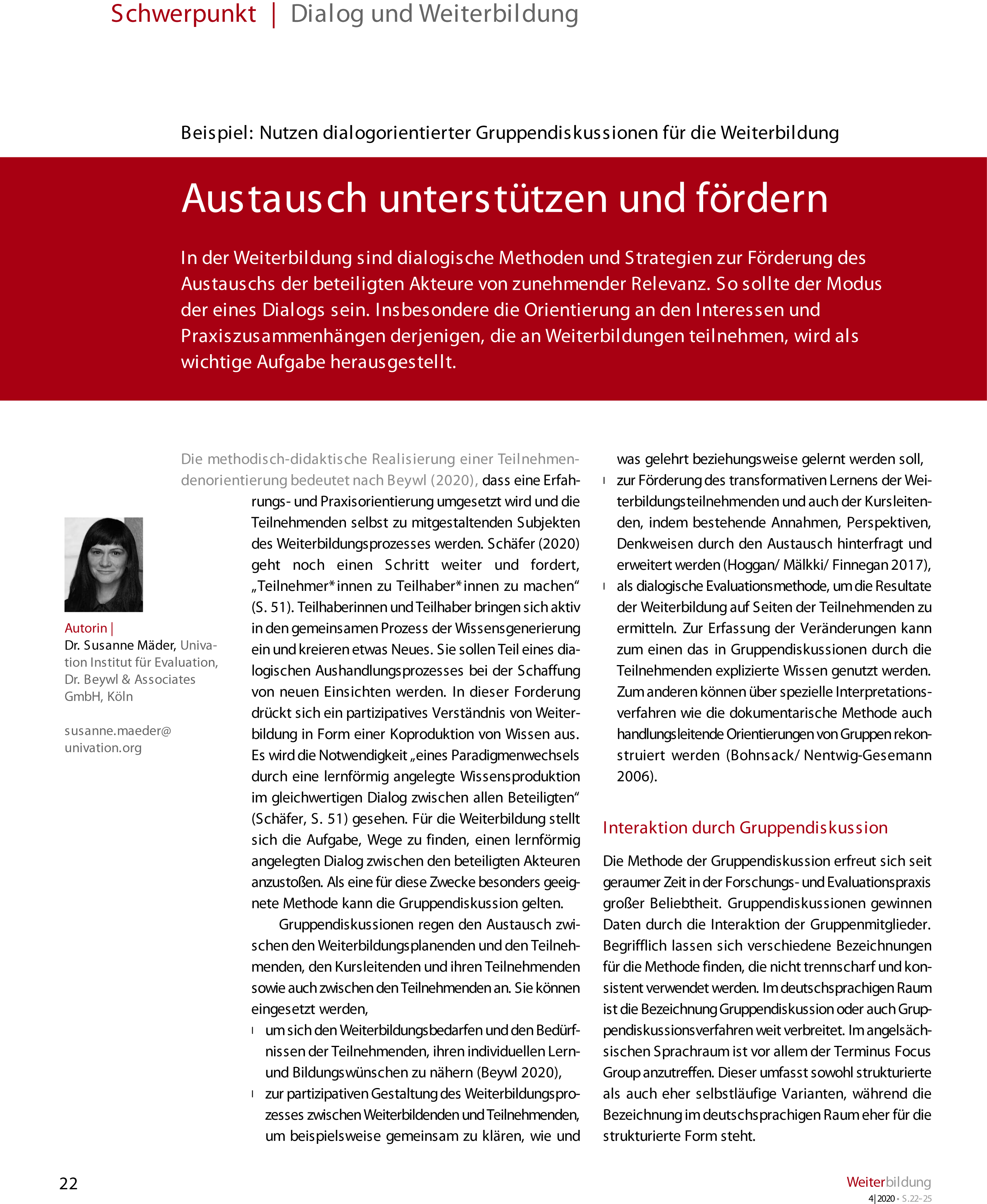 Titelseite des Artikels Austausch unterstützen und fördern